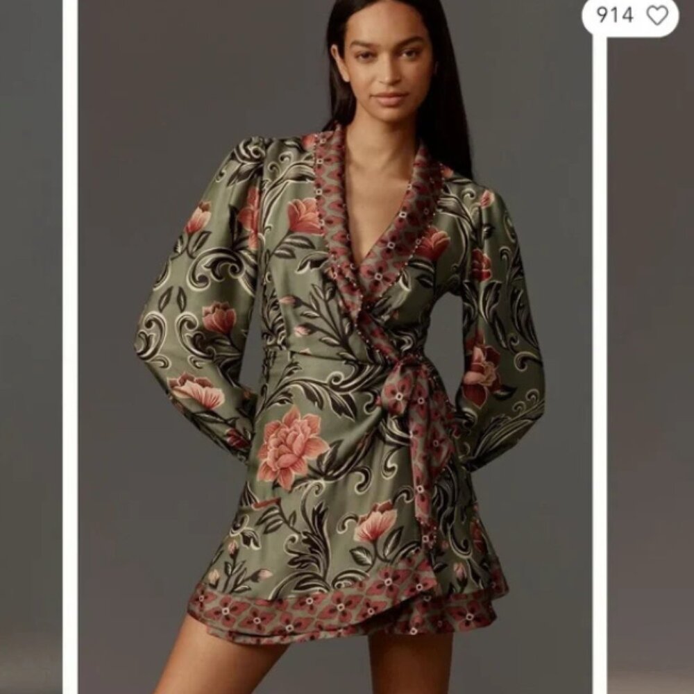 FARM RIO ANTHROPOLOGIE NWT Arabesque Long Sleeve Wrap Mini Dress XS Floral Print